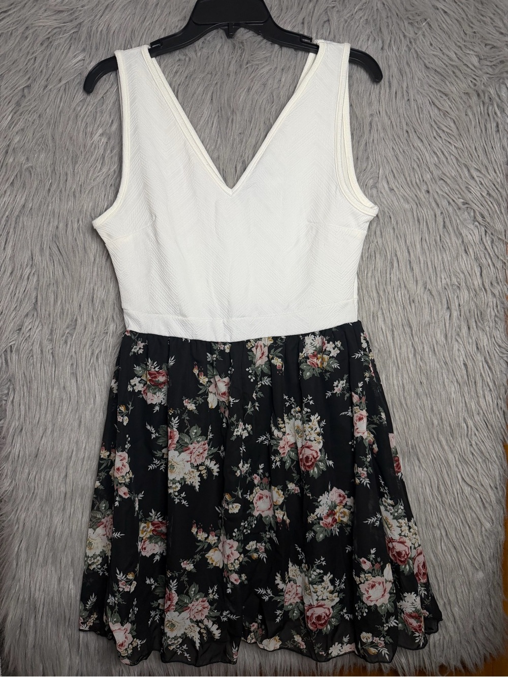 White Bodice Floral Black Skater Dress